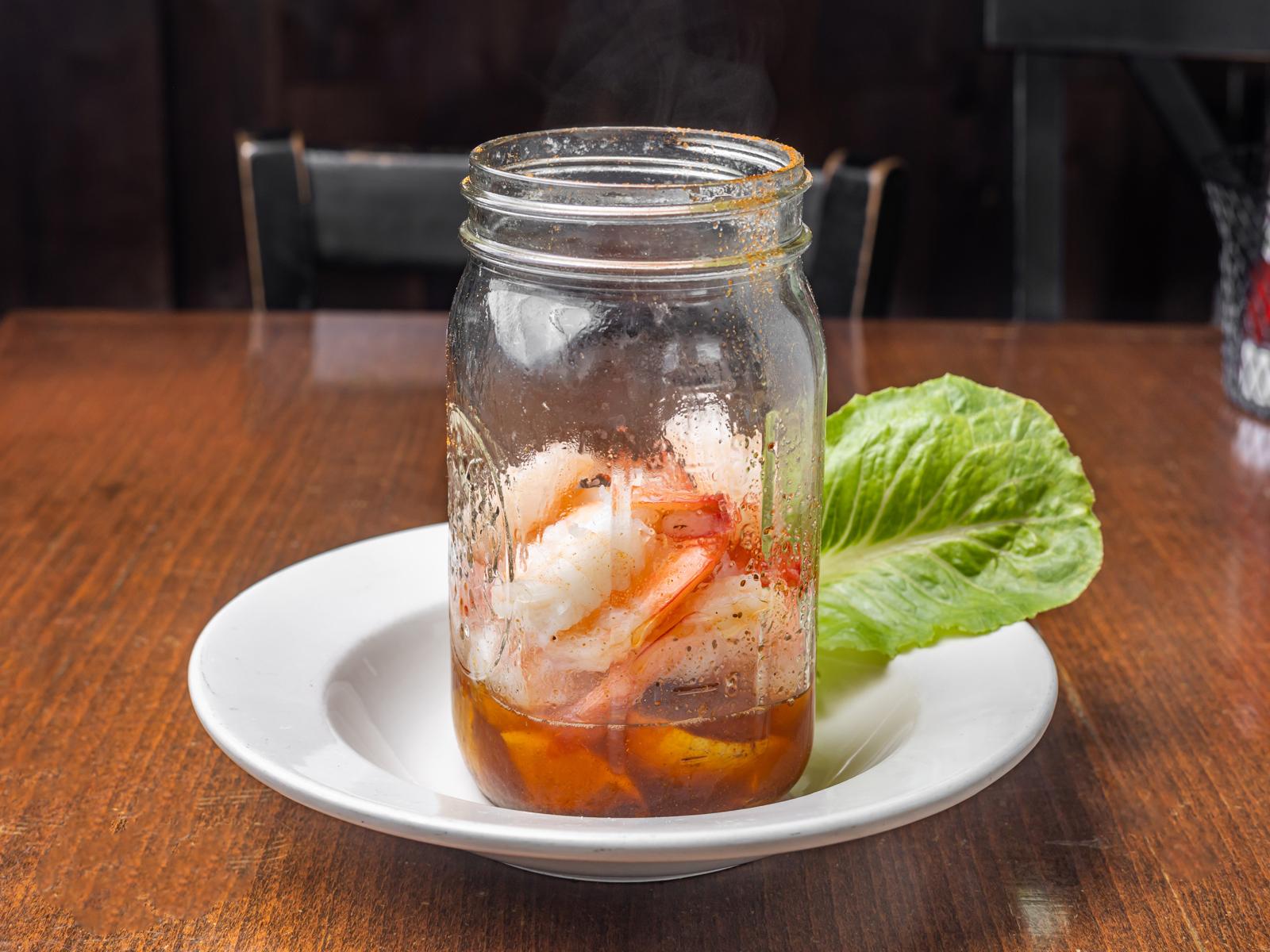 Bayhouse's Famous Shrimp Shakers — steamed shrimp served hot in a mason jar